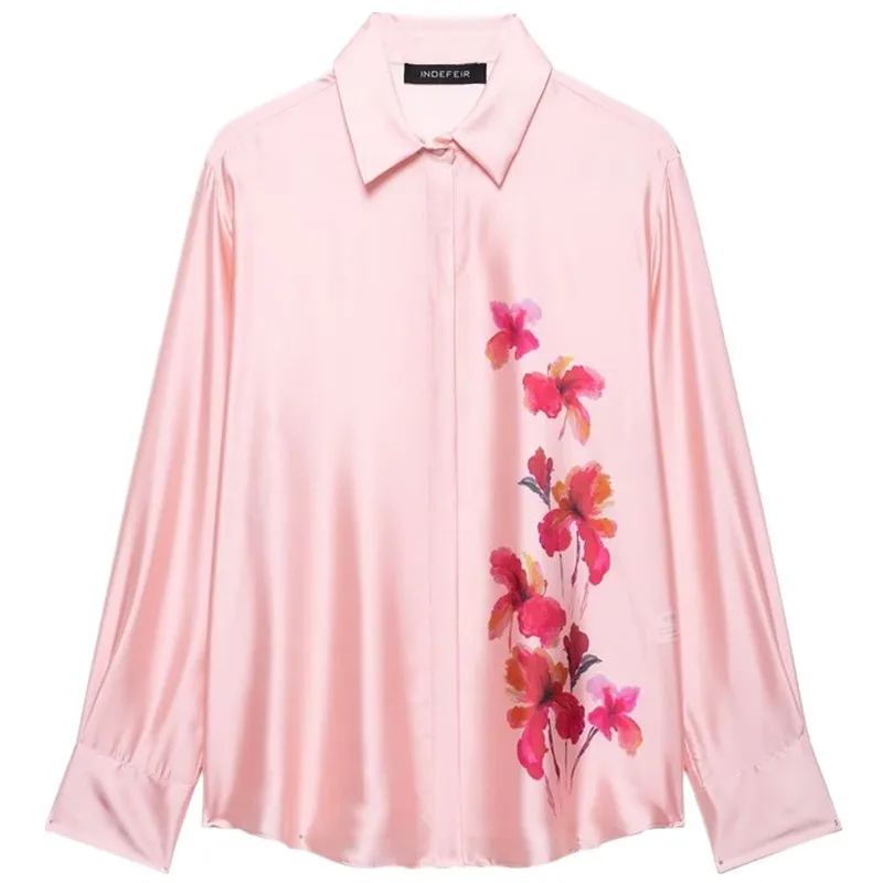 ربيع 2025 المرأة فضفاضة الحرير الساتان الأزهار طباعة irt Ele Quali Long Sve تنوعا Sle طول منتظم قسط Fa... #5