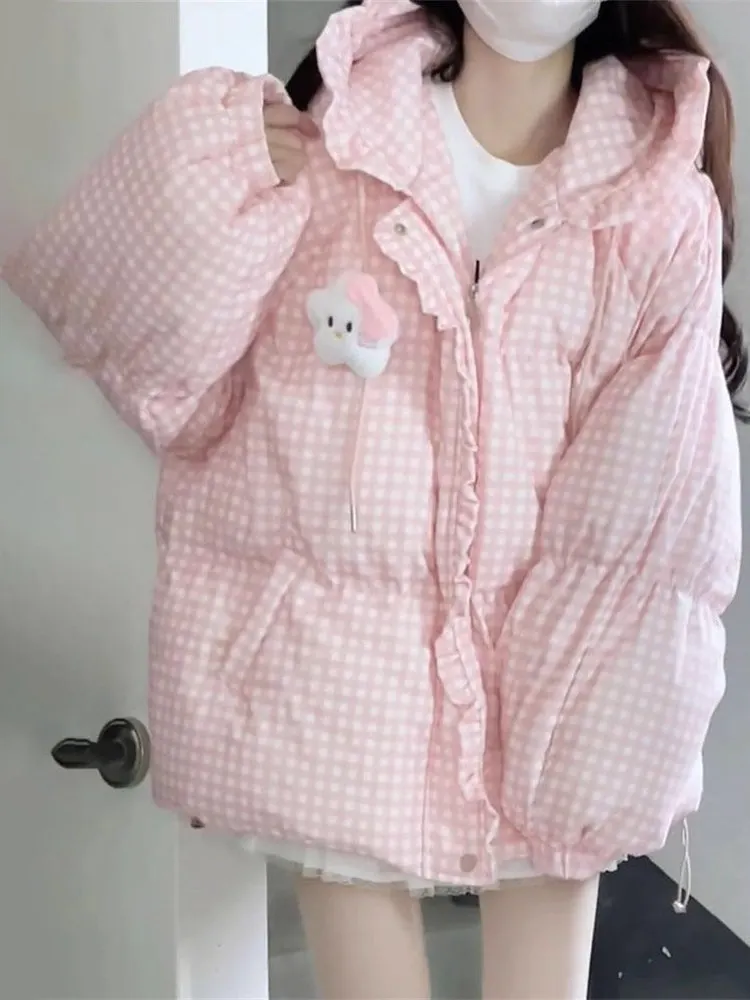 Winter 2025 Women's Pink Plaid Print Splicing Hooded Bread Coat Student Universal Loose Warm Outerwear Korean Style Long Sleeve