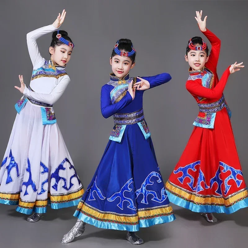 Children Mongolian Dance Costume Chinese Ancient National Dance Dress Stage Dancewear Girl Tibetan Dance Outfit Minority Costume