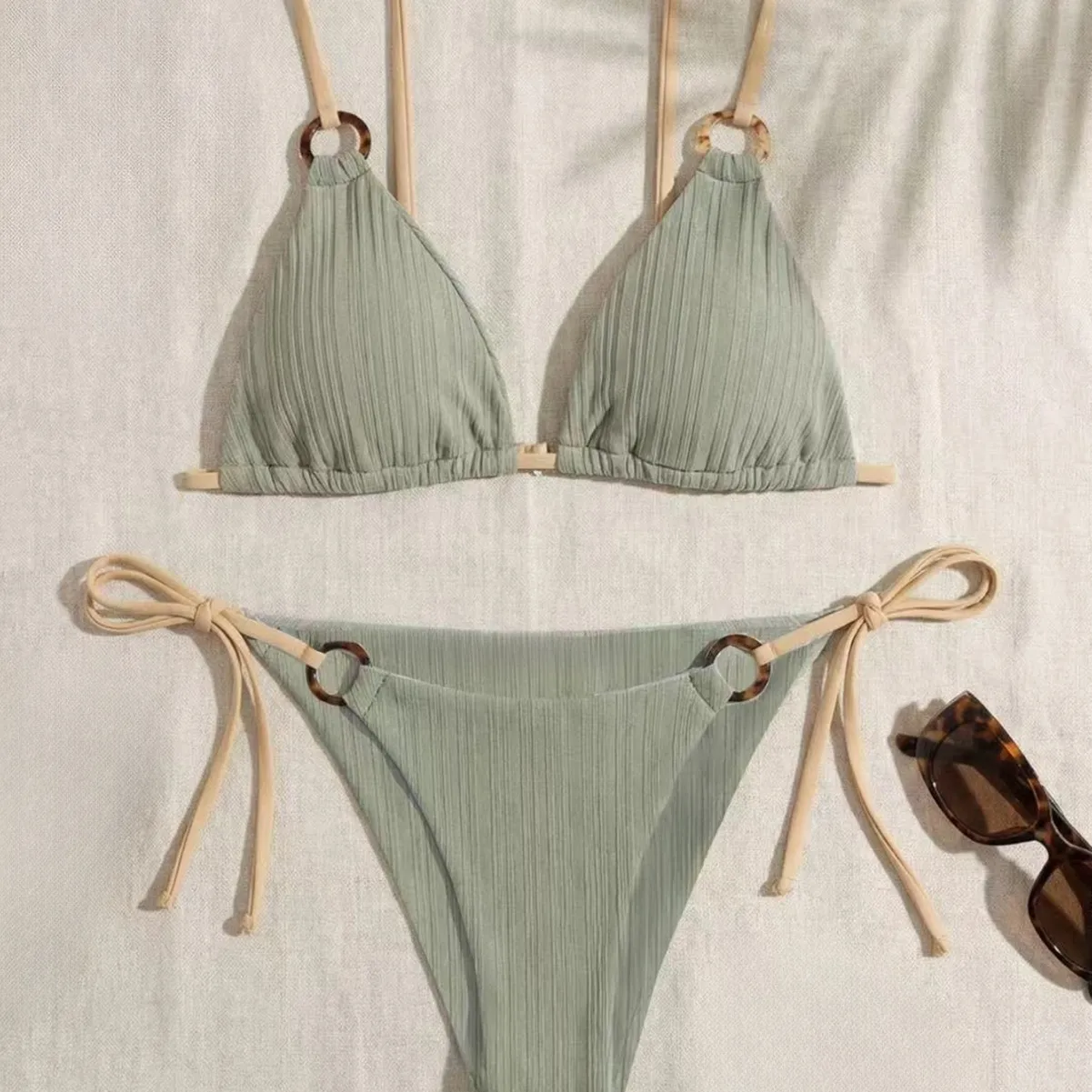 Women's Padded Three-point Bikini Set Solid Color Spaghetti Strap Hoop Sexy Swimsuit Two-piece Swimwear Wireless Bathing Suit - view 4