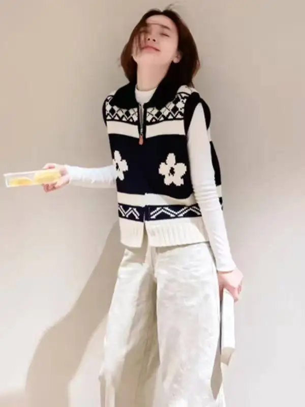 

Retro Winter Knitted Vest Women's Loose Fit White Print Fufu Lazy Sle Warmth Long Sve Casual Faion Outerwear Top