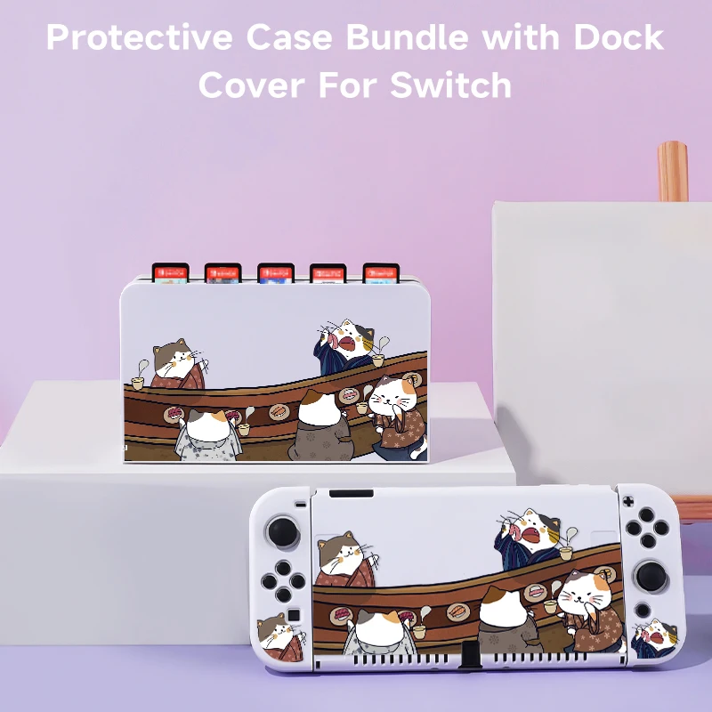 2 Pcs Cat Sushi Theme Pattern Protective Case with Base Cover Set for Switch OLED/Switch NS, Can Store 5 Game Cards