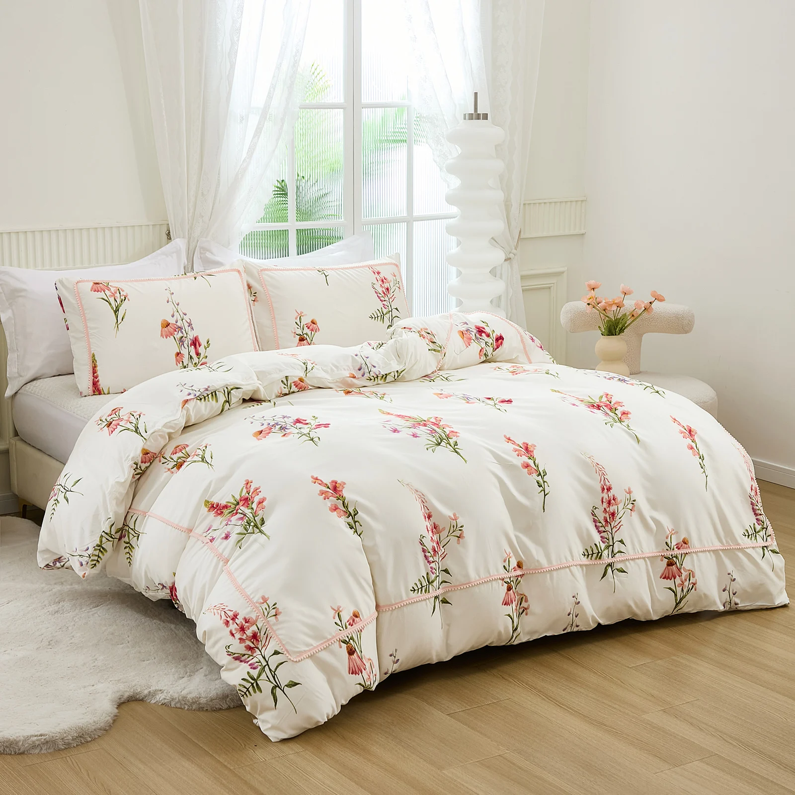 Pink Flower Bedding Set Pom Pom Duvet Cover Set Shabby Rural Bedding Set Botanical Floral Bedding Set Pastoral Duvet Cover