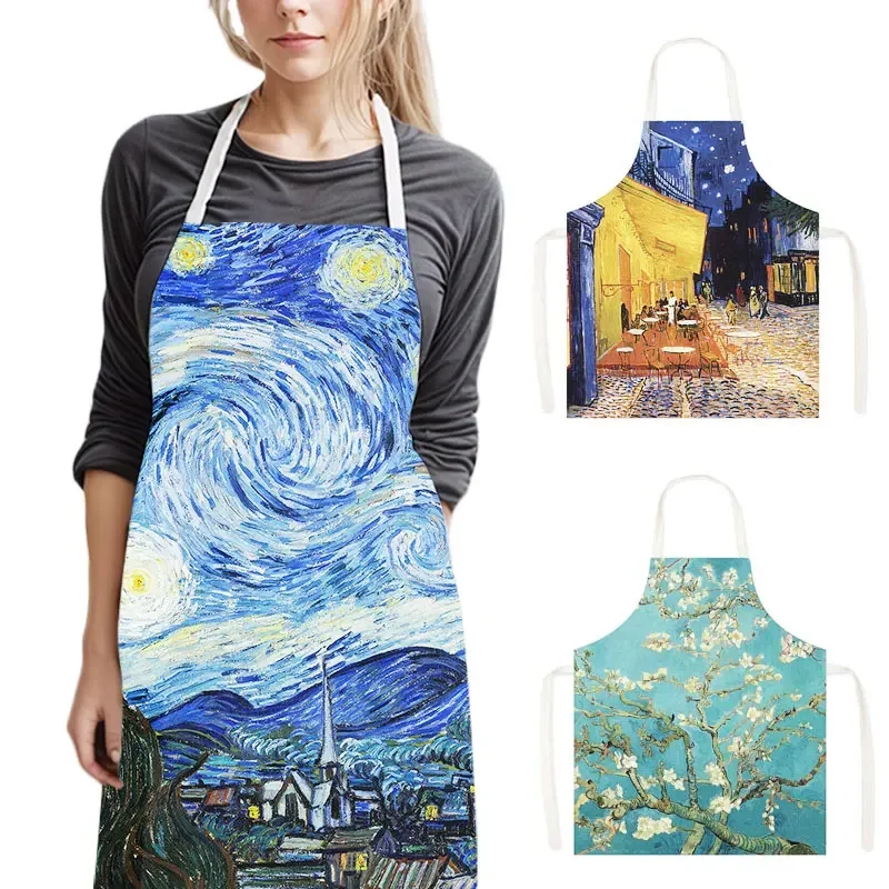 Famous Oil Painting By Van Gogh Print Kitchen Apron Starry Night Pinafore Household Cleaning Tool Baking BBQ Chef Cooking Aprons