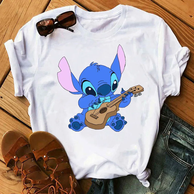 Disney Cartoon Kawaii Lilo Stitch Graphics Women T-Shirt 2024 Summer Tees Loose Short Sleeve Blouses O-Neck Ladies White Y2K Top