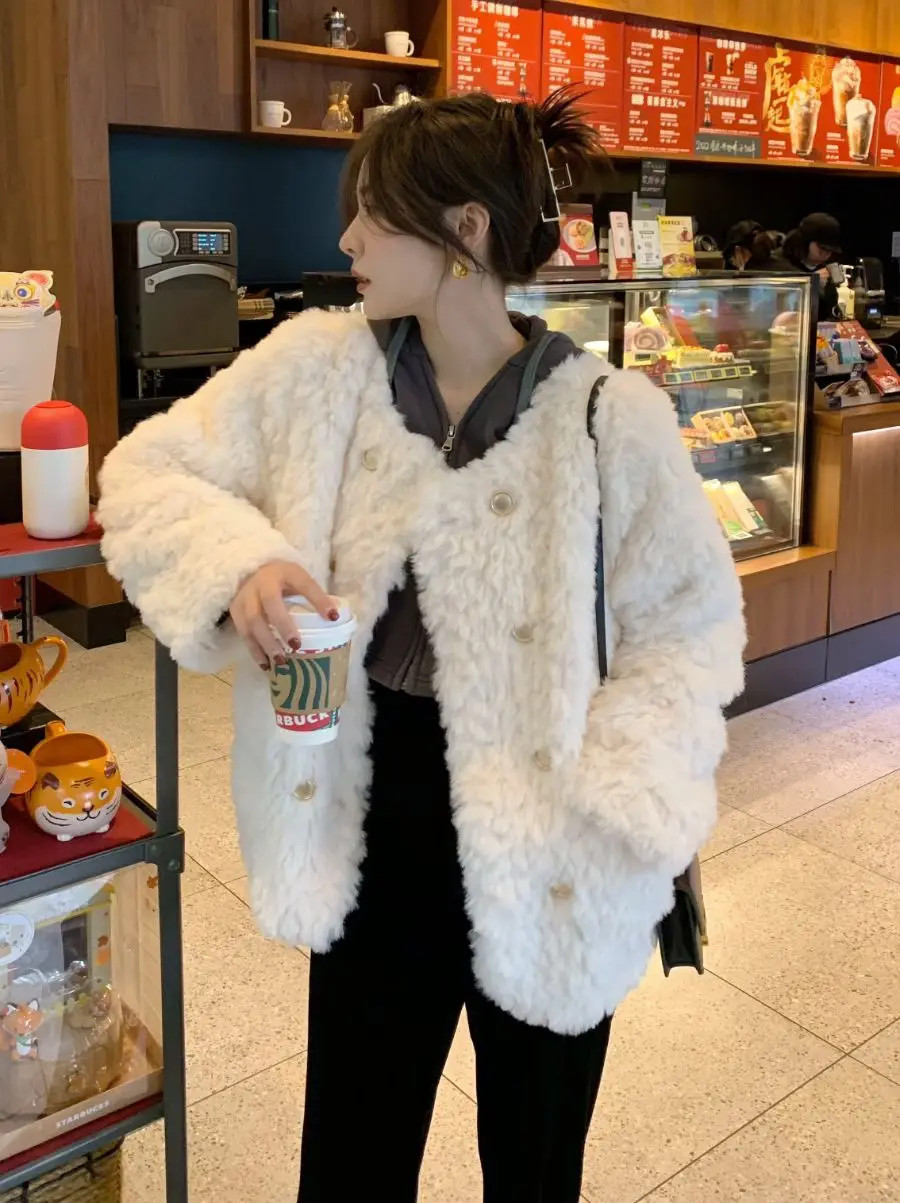 

Tweed Jacket Cream Womens Autumn Knitwear Stretch Wearable Fitting Anti-Collision Anti-Punching Cushion Comforts Fleece-Lined OL