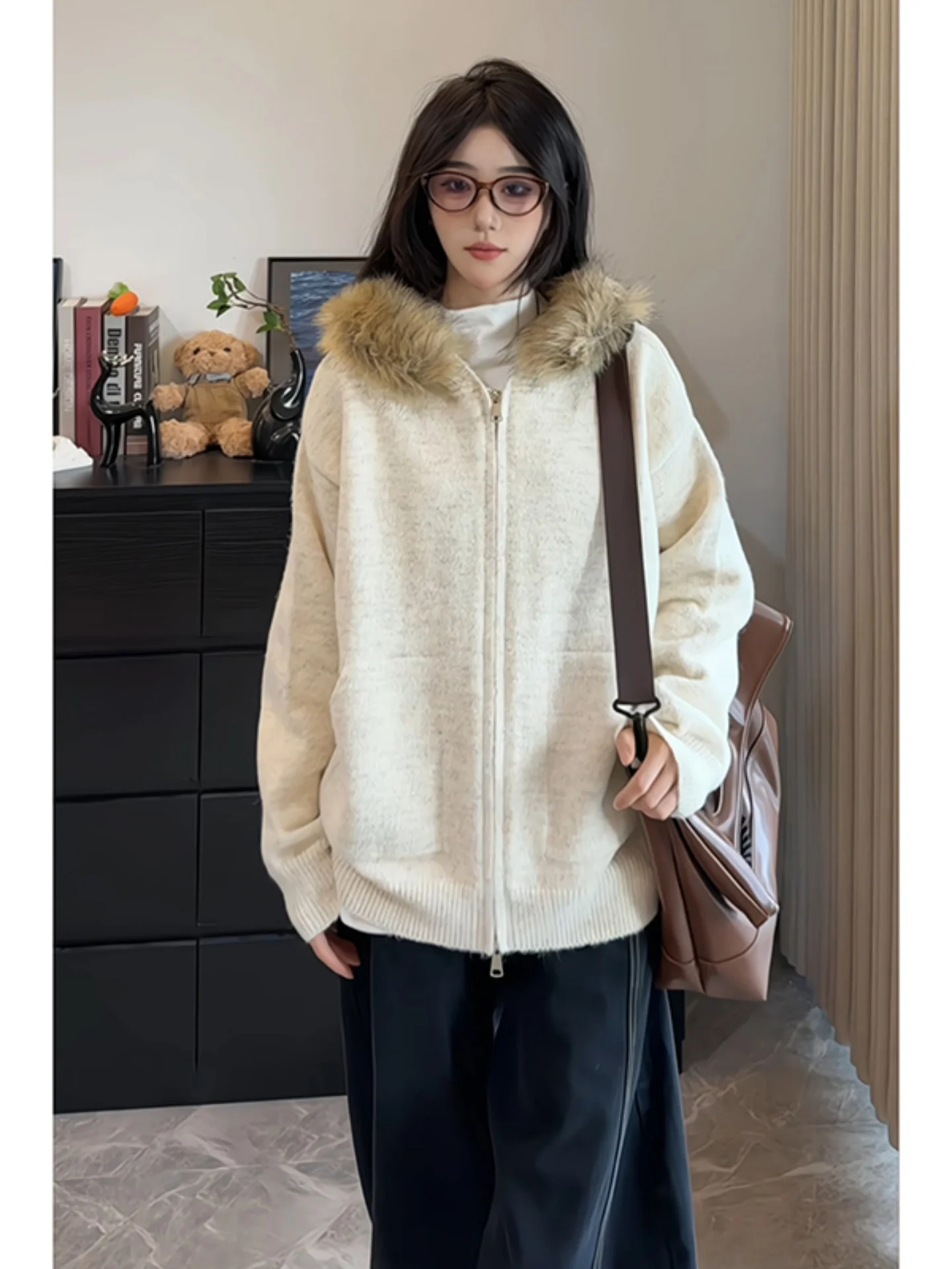 

Мужской вязаный свитер-кардиган в японском стиле с большим меховым воротником, повседневный, удобный, свободного кроя