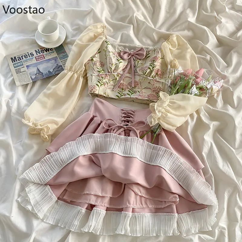 Sweet Lolita Skirt Set Women Elegant France Bow Square Collar Puff Sleeve Blouse Crop Tops Pink Ruffles Mini Skirt Female Suit