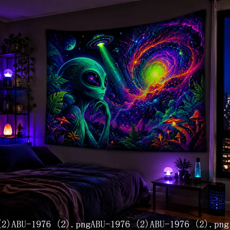 VIKAMA Trippy Cosmic Alien Wall Tapestry Neon Glowing Crystal Cave UFO Pattern Lightweight Fabric Banner Indoor Dorm Bar Decor