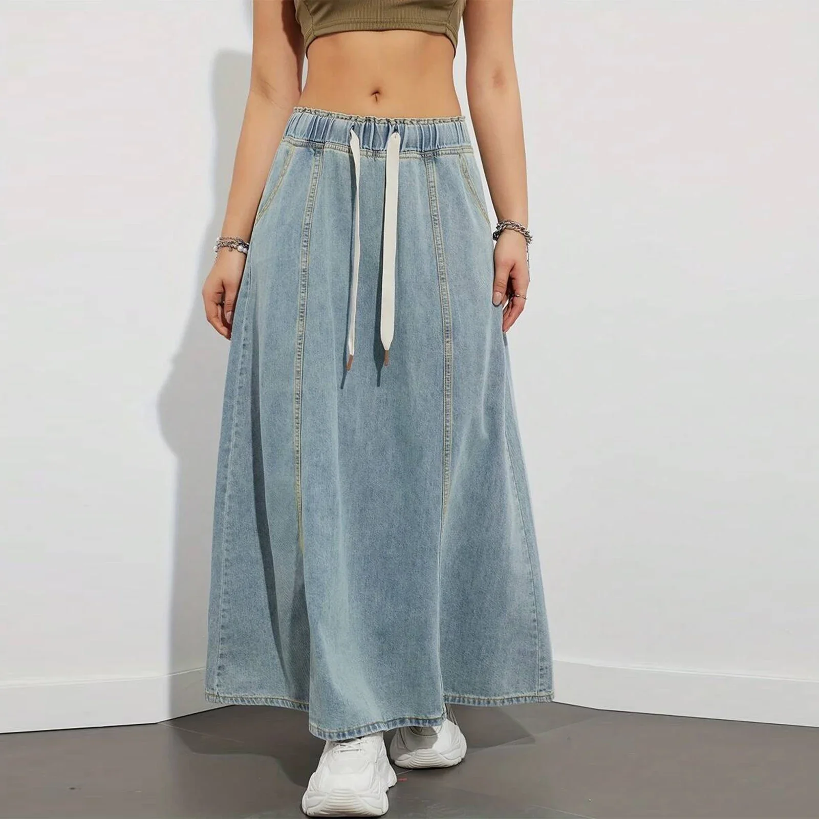 

Long jeans Skirts Women's Denim Elastic Drawstring High Waist A Line Flare Jean Skirt for Spring Fall Y2K Streetwear