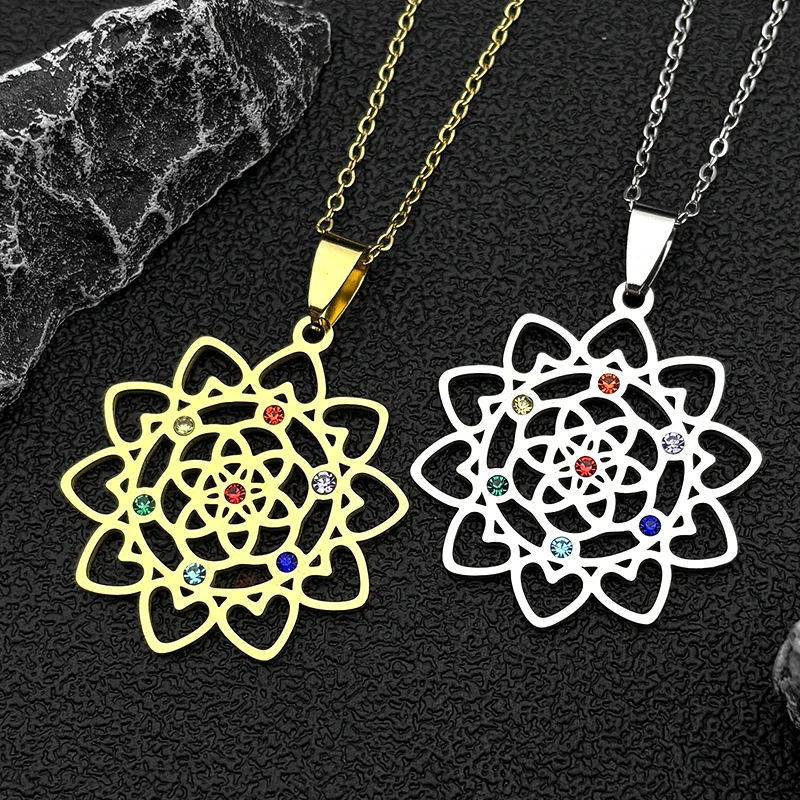 Sacred Geometry 7 Chakra Metatron Heart Necklace Flower of Life Stainless Steel Opal Stone Necklace Reiki Healing Jewelry N6341