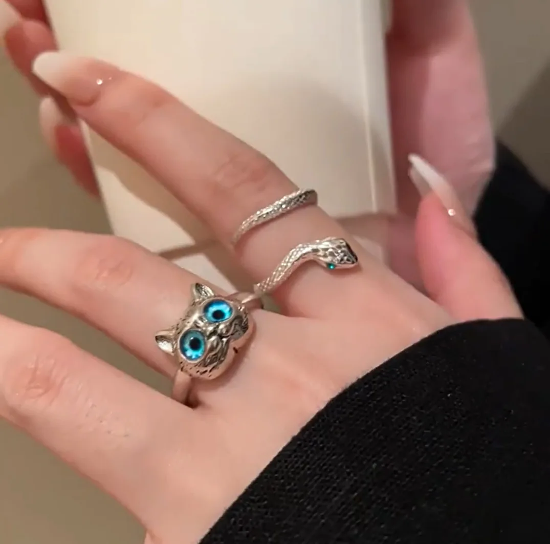 Fashion Cute Silver Retro Metal Cat Ring Fashionable Cat Eye Opening Adjustable Ring for Women Trendy Jewelry Accessories Gift
