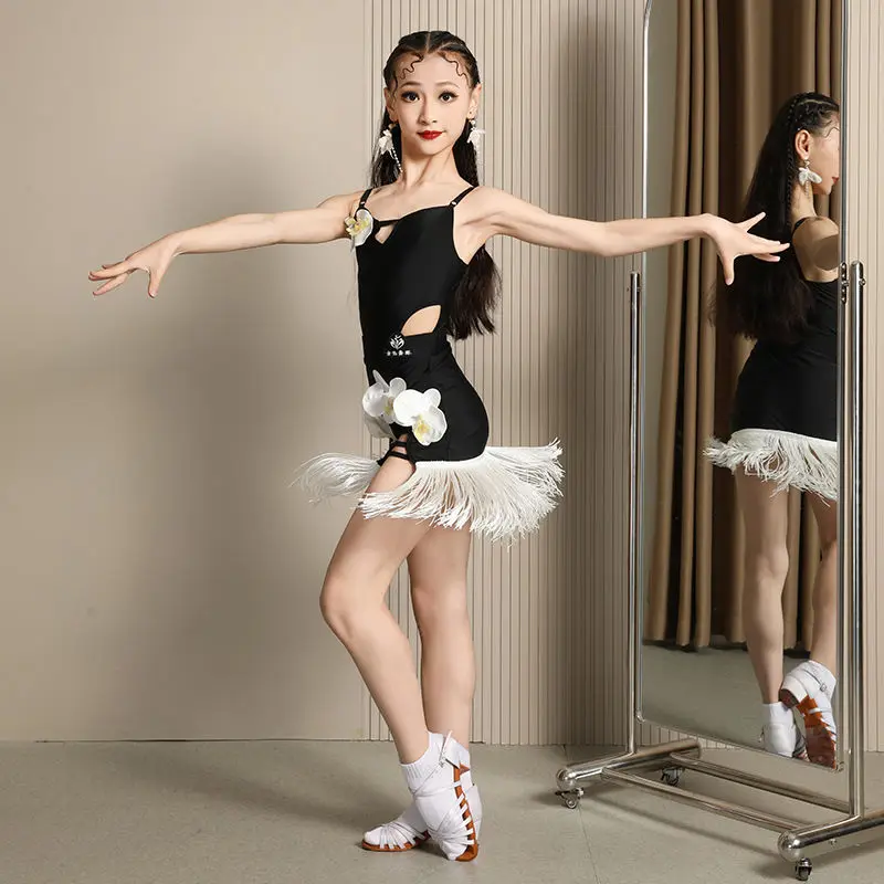 Children's summer new Latin dance girls high-end professional dance performance clothes suspender split