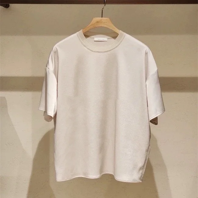 

Korean Simple Original 24 Summer Glossy Smooth Faion round Ne ort Sve T-irt High Waist Loose Pants Set