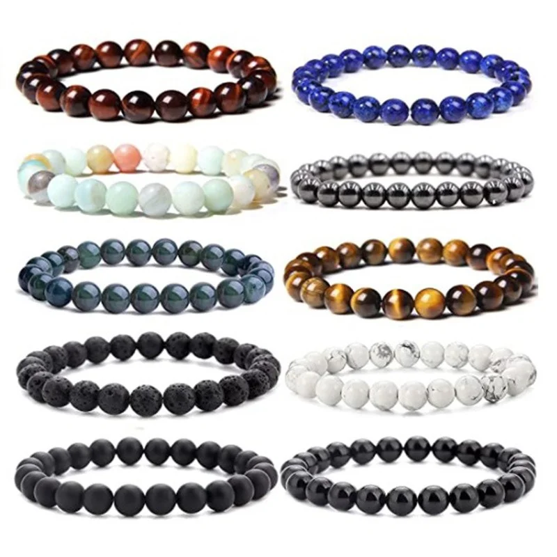 20pcs 8mm Tiger Eye Turquoise Volcanic Stone Stretch Buddha Beads Men Bracelet Meditation Healing Anxiety Women'S Yoga Bracelets