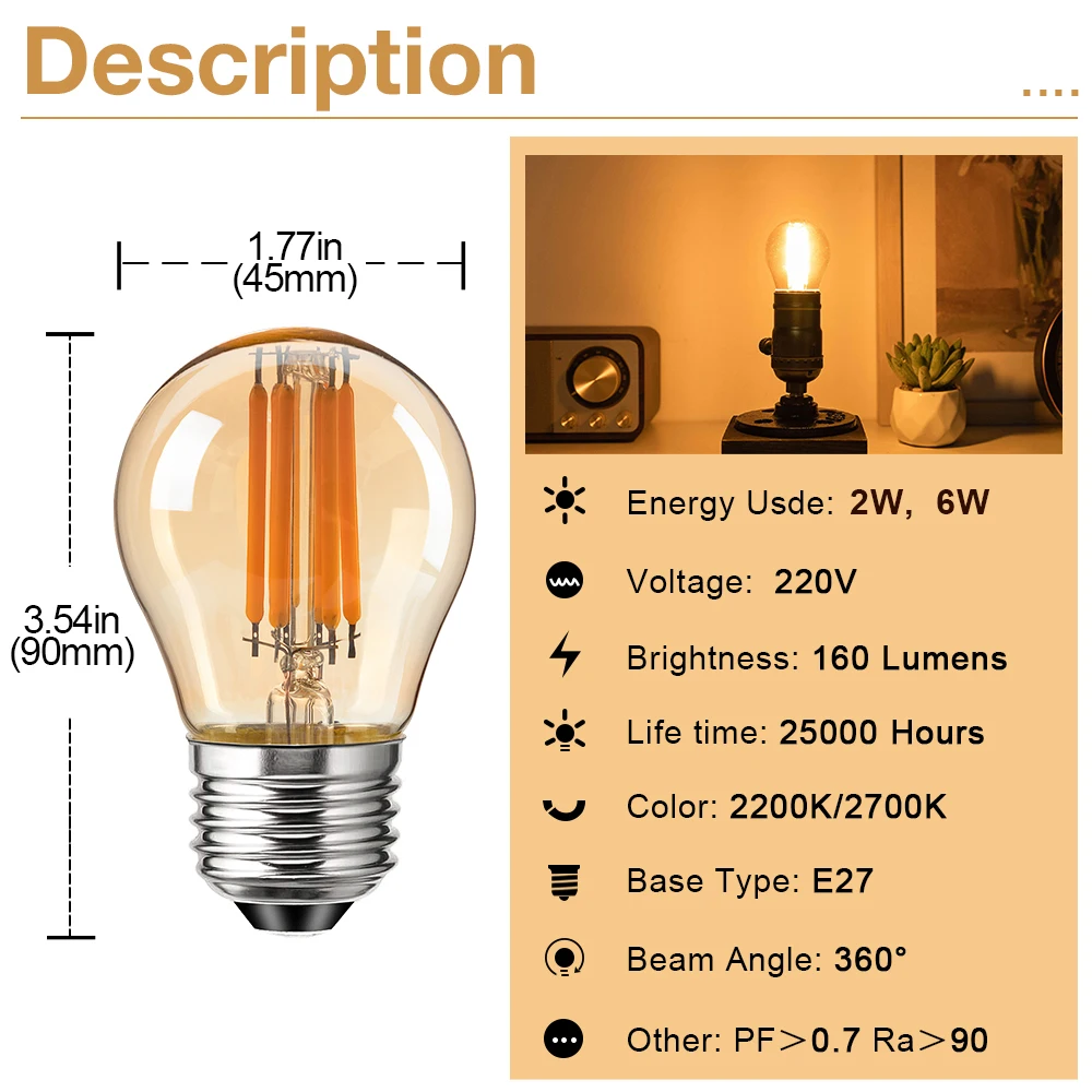 G45 Amber Class Globe LED Bulb 6W 2W Filament Light Bulbs E27 220V Replaceable Warm White Decorative Lighting For Home