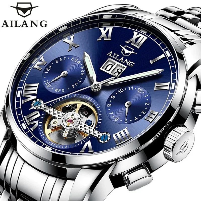 AILANG 8508 Men’s Luxury Tourbillon Automatic Mechanical Watch, Stainless Steel Bracelet, Calendar, Waterproof, Luminous Hands