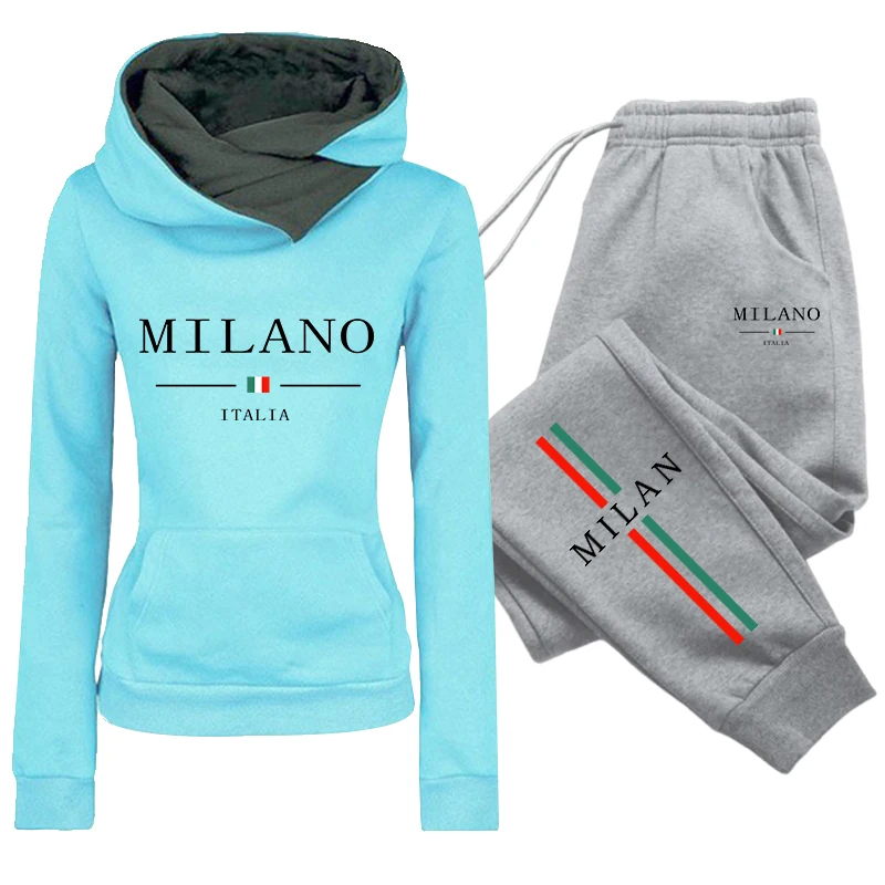 Herbst-Winter Damen Alltags-Sportoutfit, Damen-Set/Hoodie/Hose, Italienische Mode-Trainingsanzug, Kapuzenpullover, Jogginghose – Detail 2
