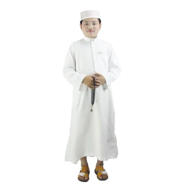 Bata musulmana de poliéster para niño, cómoda bata tradicional islámica de Juba Tobe, vestido bordado, vestido blanco de oración de Ramadán