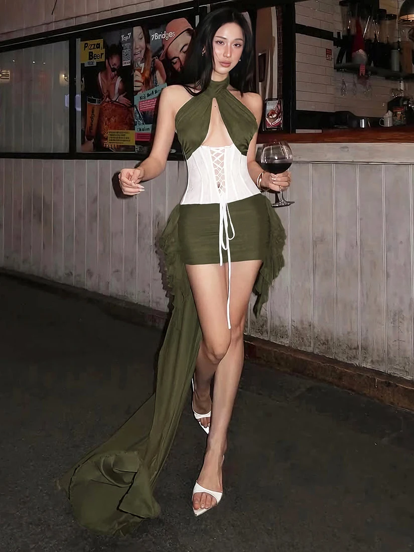 Sisjuly Hong Kong Island  Vine Grid Collection Women's Summer Dress Hollow out Cross Neck Design Belted A-Line Skirt Dress