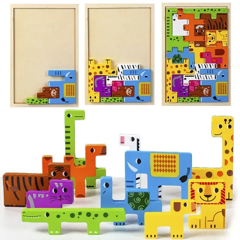 New Cartoon 3D Puzzle Wooden Tangram Math Toys Cube Game Children Pre-school Magination Shapes Puzzle Educational Toy for Kids