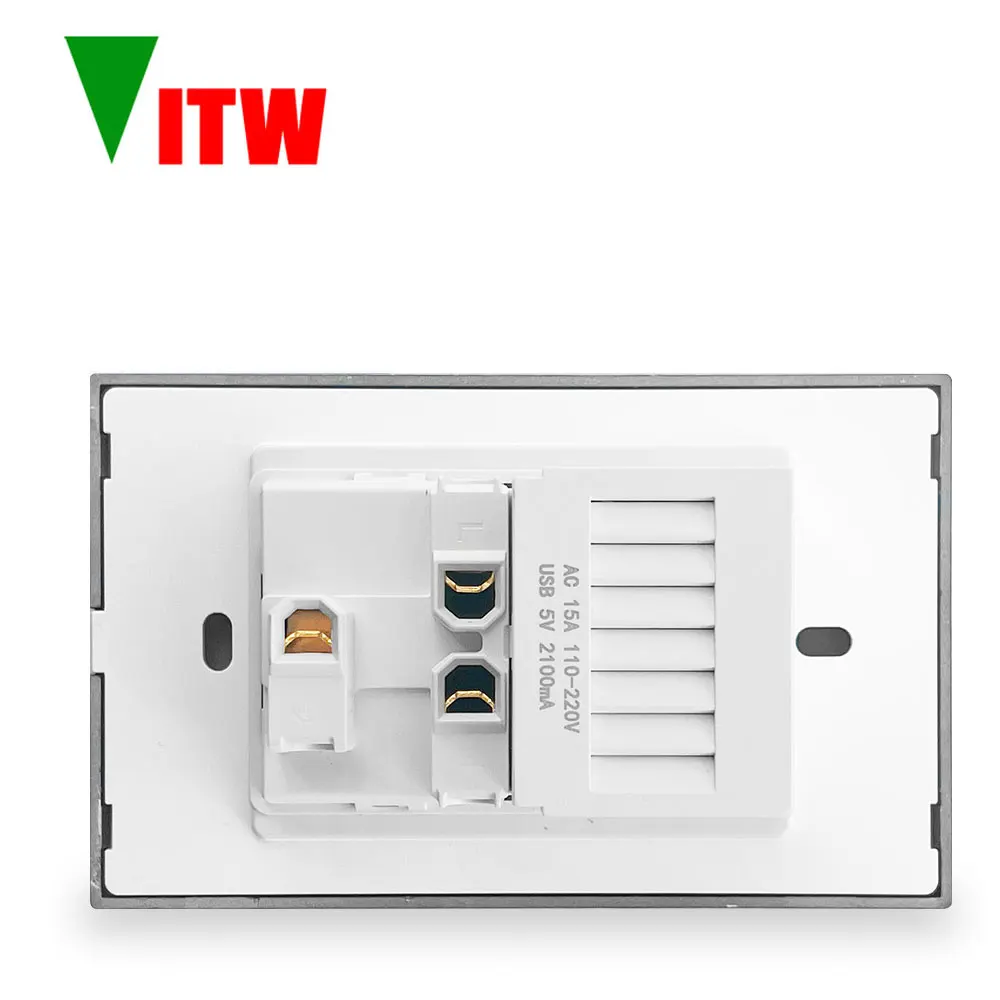 Vitw 15A Thai style dual USB power socket, A+C type charging port, tempered glass panel AC 110-250V 120mm X 72mm American socket