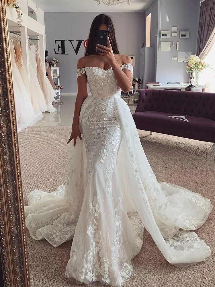 Detachable Mermaid 2 In 1 Wedding Dress Embroidered Lace On Net With Ball Gown Sleeveless Heart Neck Customized Vestido De Novia