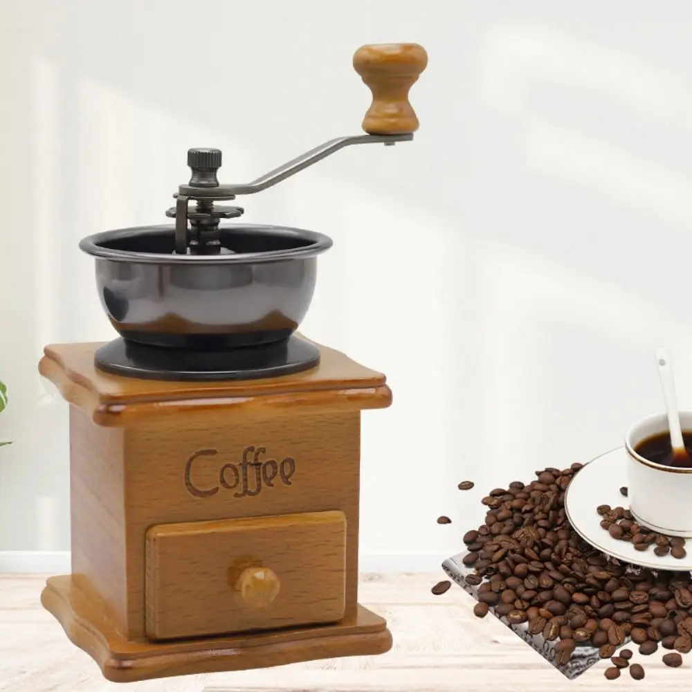 

Wooden Manual Coffee Grinder Hand-Cranked Grind Settings Coffee Mill Burr Grinder Catch Drawer Easy to Operate