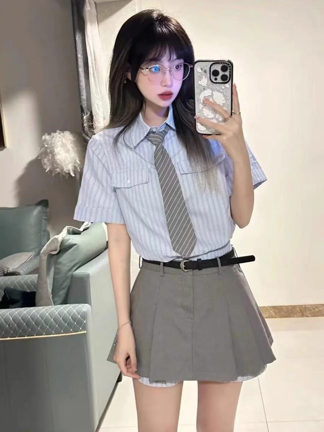 

Summer Fashion Sweet Milk Shirt Set Cool Girl Ootd Matching Slim Short Skirt Stylish Ensemble High Waist Short Pants Collar