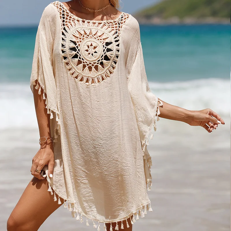 2024 Hand hook solid color patchwork beach skirt with small tassels for sun protection short sexy beach cover up