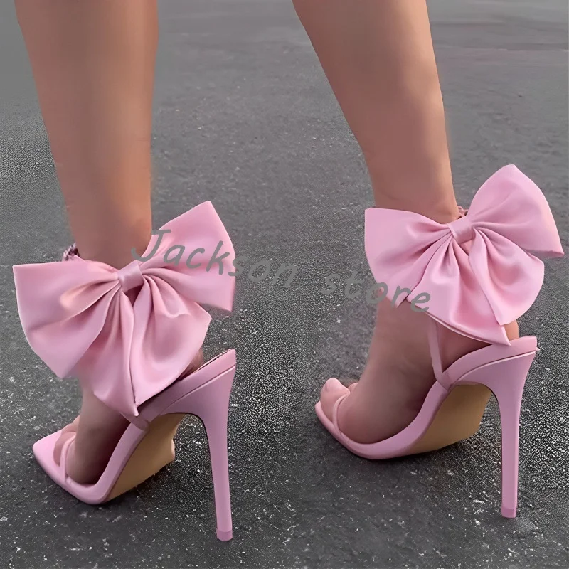 Pink Elegant Stiletto High Heel Bow Dress Shoes Women's Sweet Satin Square Toe Ankle Buckle Sandals Designer Trendy Girl Shoes