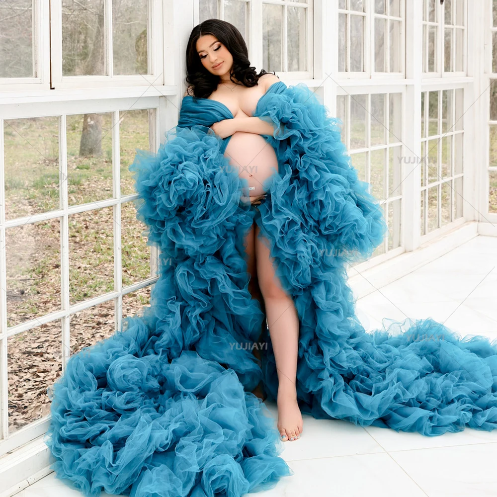 

Customized Maternity Robes Photography Puffy Tulle Tiered Ruffles Pregnant Women Dresses Long Train Front Split Baby Shower Gown