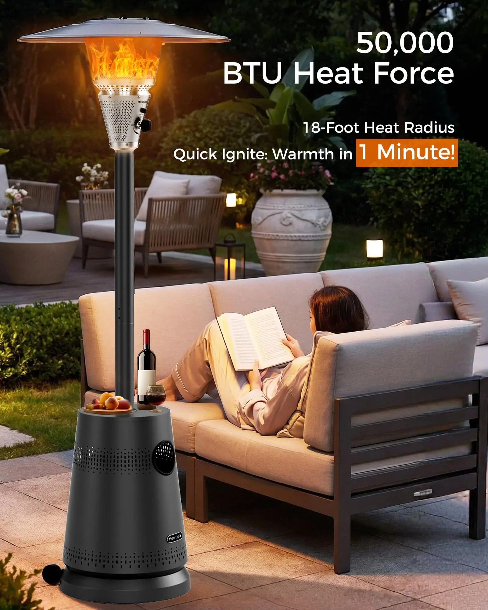 50,000 BTU Patio Heater for Outdoor Use, Portable Propane Patio Heater with Wheels, Stainless Steel Burner for Porch