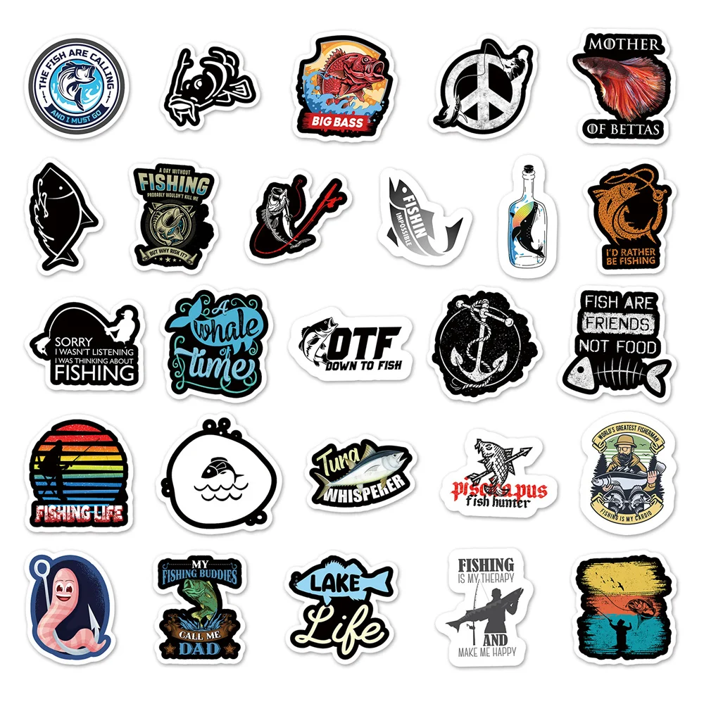 10/30/50PCS Fishing Series Cartoon Graffiti Waterproof Sticker Personality Creative Trend Decal Skateboard GuitarHelmetWholesale