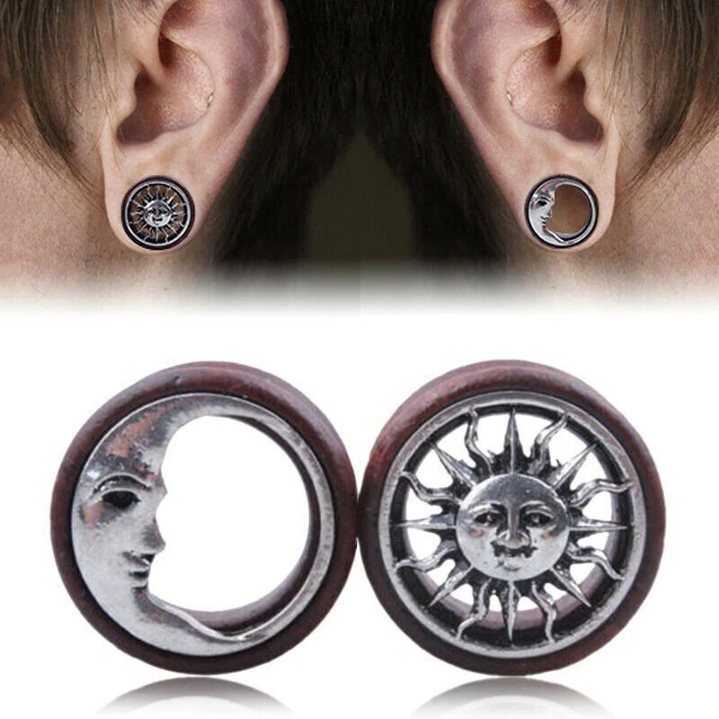 2PCS Wood Ear Plugs Moon And Sun Gauges Earrings Women Men Flesh Tunnel Expander Piericing Stretcher Body Piercing Jewelry