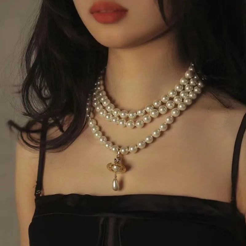 Vintage Multi Layer Pearl Saturn Necklace Water Drop Pendant Choker Women Sweet Lolita Wedding Party Jewelry