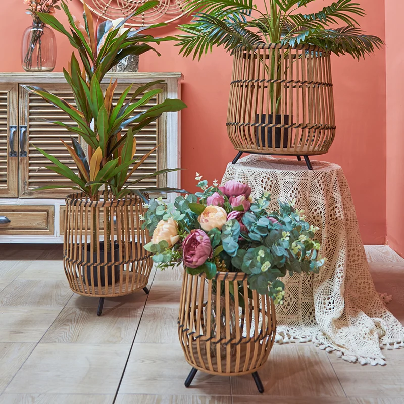 Handmade Rattan Flower Basket, High Foot Floor Planter, Decorative Bamboo Storage Basket for Home