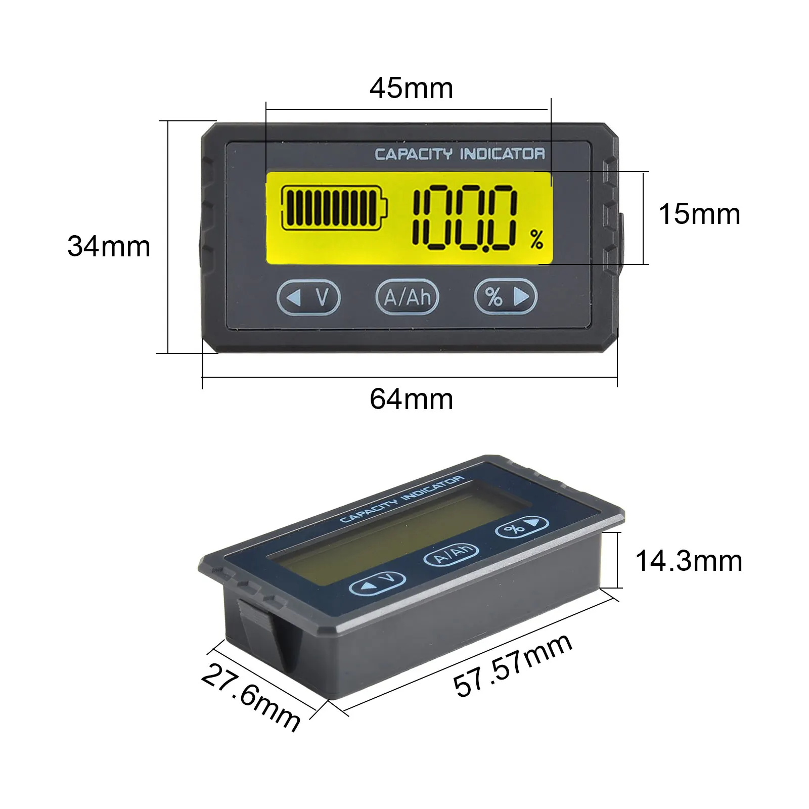 Vehicle Maintenance 63*34MM Battery Capacity Tester Amperemeter For Electric Bikes Lcd Display Yellow Backlight
