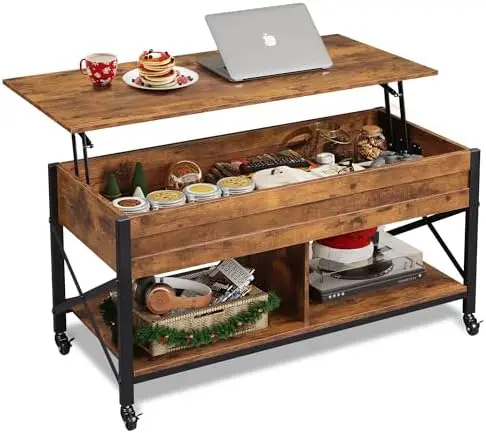 Coffee Table, 41.3" Lift Top Coffee Table with 4 Wheels, Hidden Compartment, Storage Shelf and Lift Tabletop for Living