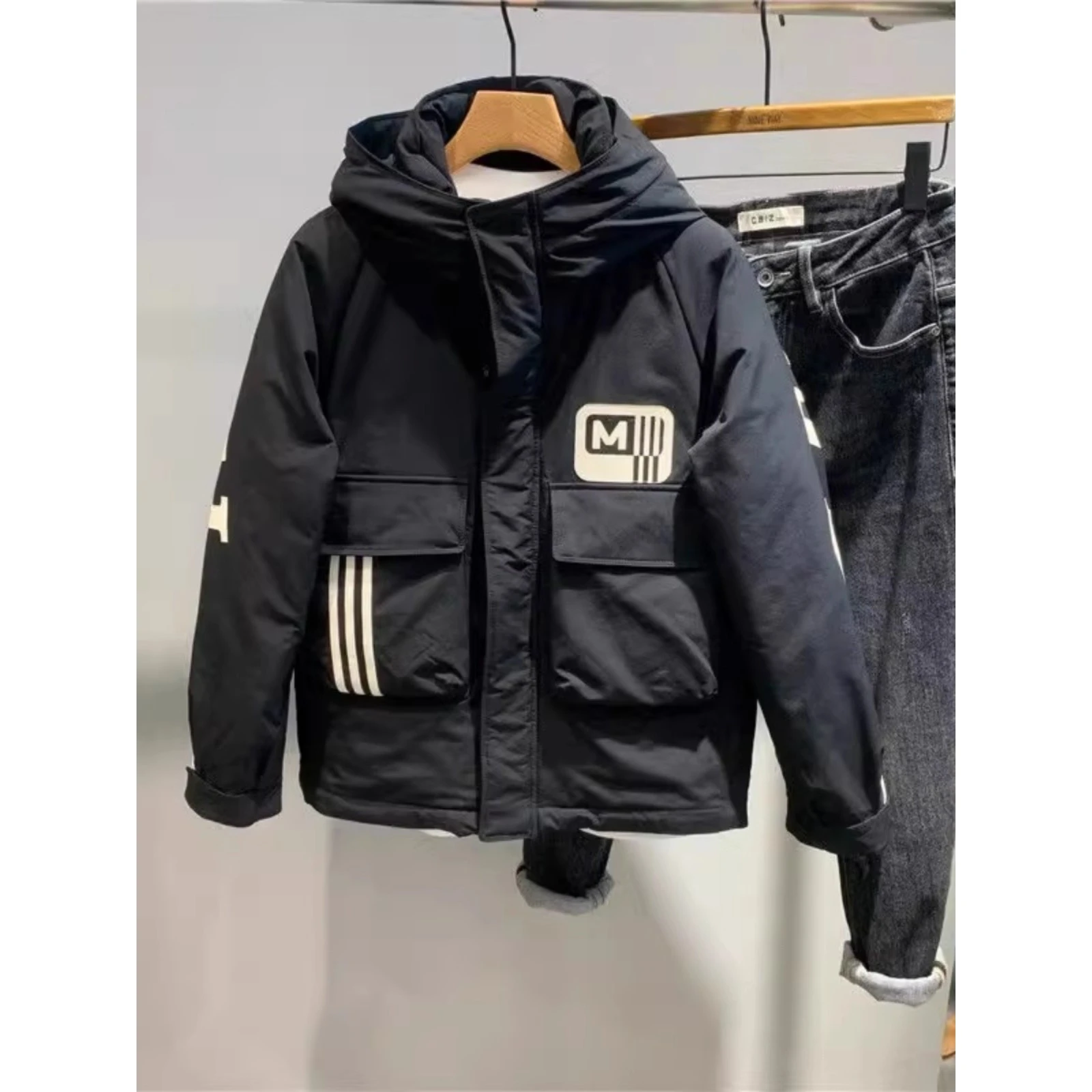 

Thiened Large Size Hoodie Men's Jaet Letter Splicing Autumn Winter Casual Workwear Outerwear Bread Sle Coat