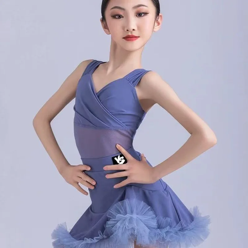 Crianças vestido de dança latina azul samba traje de dança latina para meninas cha cha prática roupas de dança conjunto saia para menina