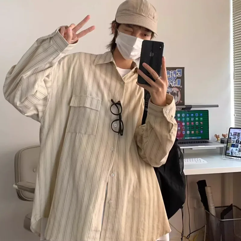 

Корейская повседневная рубашка для мужчин, однотонная, с длинным рукавом, свободная посадка, уличная одежда, большой размер в городском стиле, хлопковый насыщенный дышащий повседневный топ