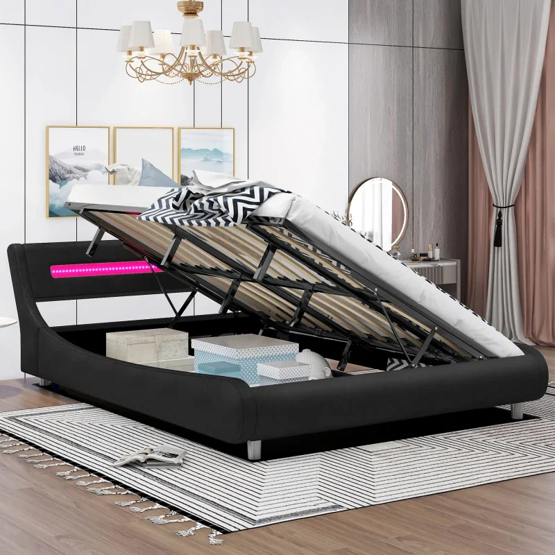 

Queen Size Low Profile Upholstered Platform Bed with LED headboard,Black
