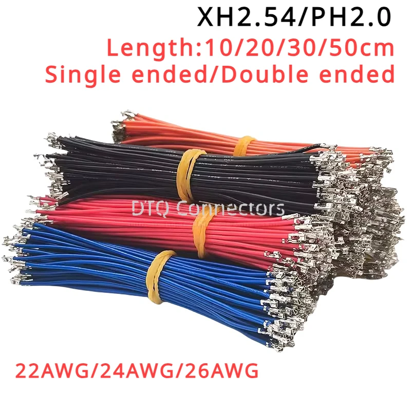 100PCS PH2.0 single and double ended spring connector plug 100/200/300/500mm terminal UL1007 electronic color wire