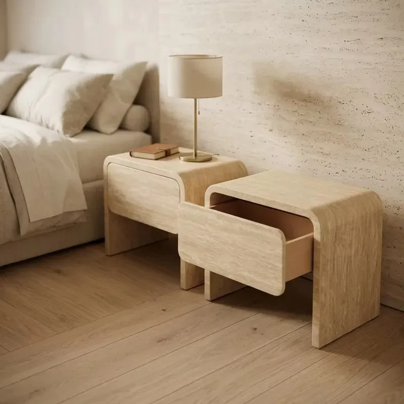 Beige Limestone Polished Side Table with Stone Drawers High Quality Bedroom Bedside Nightstand Modern Home Furniture Decor