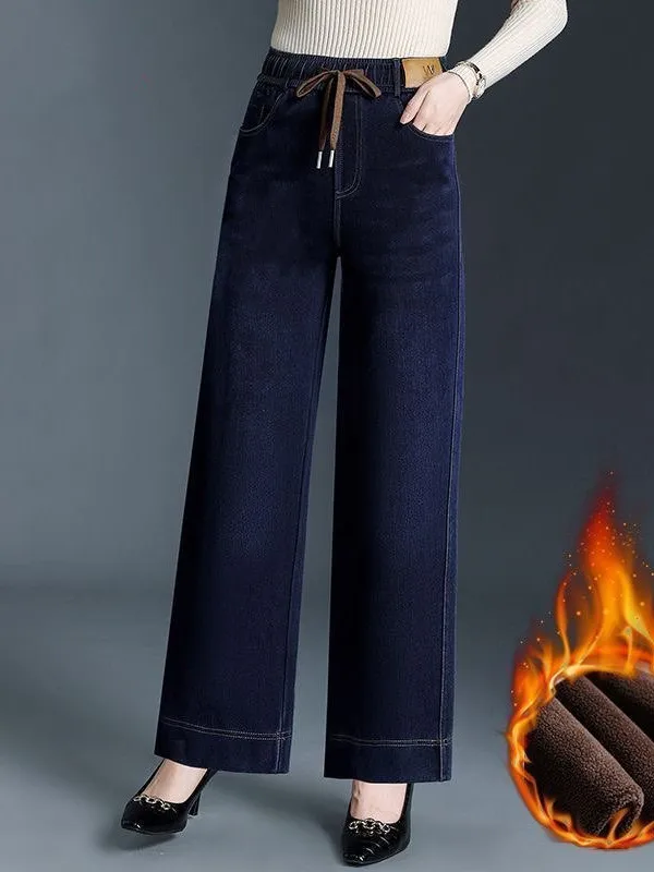 Thickened Fleece Winter Retro Style Women's Casual Pants High Waist Elastic Waist Denim Look Wide Leg Straight Cut Trousers