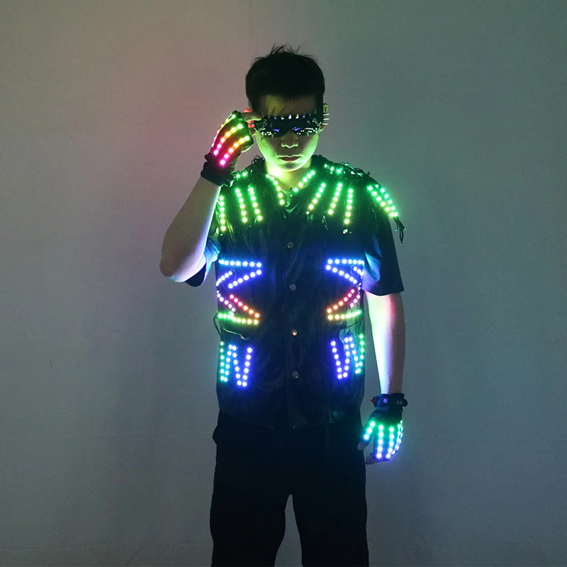LED Man Vest Jacket Glove Glowing Clothes DJ Dancer Stage Performance Wear Nightclub Party Costume Halloween Cosplay Rave Outfit