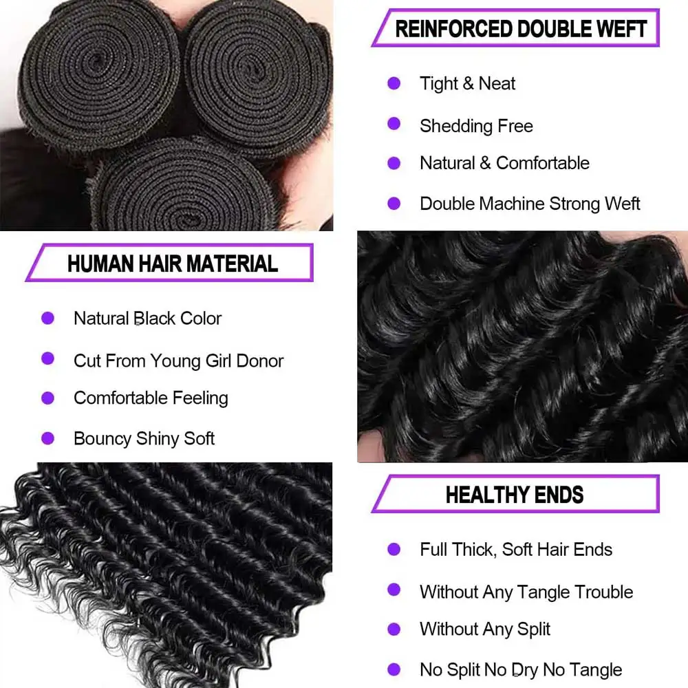 Пучки глубоких волн, человеческие волосы, бразильские девственные пучки человеческих волос, 100% необработанные пучки глубоких волн, натуральный черный для женщин