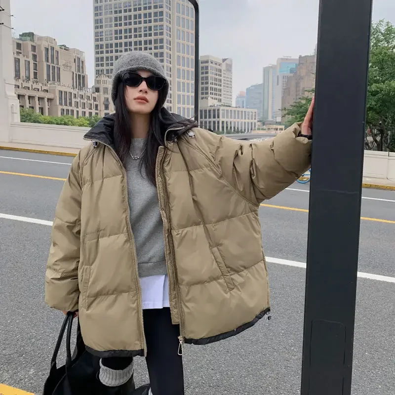 European Fashion Winter New Oversize Women's Down Jacket Loose Commuting Casual Print Windproof Hooded White Duck Down Jacket