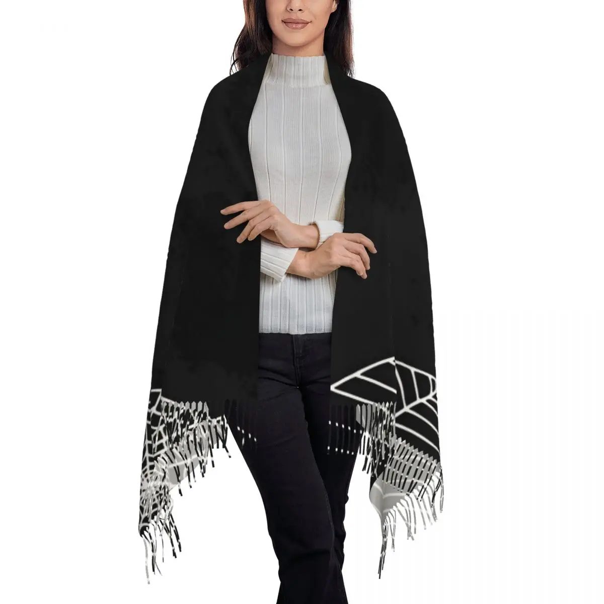 المرأة وشاح الدفء العناكب ويب صورة ظلية الأوشحة يلتف مع شرابة شالات الموضة ويلتف الشتاء مصمم باندانا